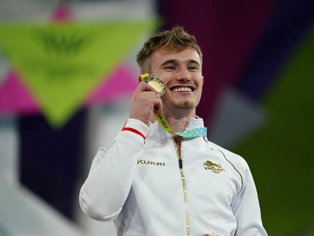 Jack Laugher with his Gold Medal after the Men's 1m Springboard Final at Sandwell Aquatics Centre on day seven of the 2022 Commonwealth Games in Birmingham. Photo credit: Mike Egerton/PA Wire.