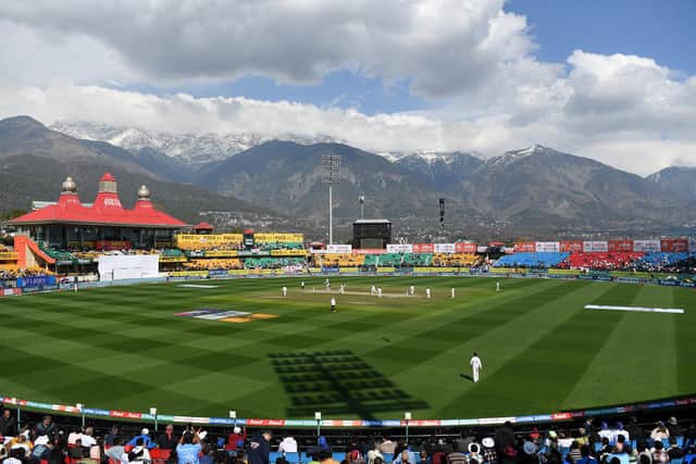 A spectacular scene. The beautiful Himachal Pradesh Cricket Association Stadium in the shadow of the Himalayas. Photo by Gareth Copley/Getty Images.