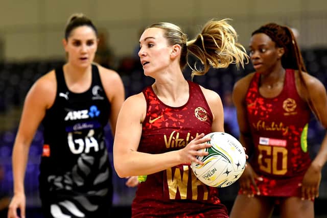 England captain Natalie Metcalf of England during the Netball Quad Series match between England and New Zealand at Cape Town International Convention Centre on January 24. (Picture: Ashley Vlotman/Gallo Images/Getty Images)