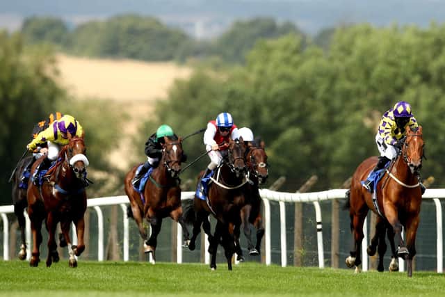 Winning ride: Graham Lee, extreme right, also enjoyed a highly-successful career on the Flat winning here at Pontefract on Ballintoy Harbour in 2020.
(Photo by Tim Goode/Pool via Getty Images)