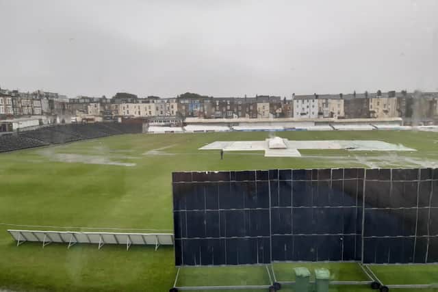 The scene from the press box shortly after play was called off at North Marine Road on Thursday afternoon.