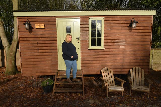 Catherine Hodgson pictured with the Shepherds Hut at Great Newsome Farm South Frodingham, Winestead. Picture by Simon Hulme 1st November 2022










