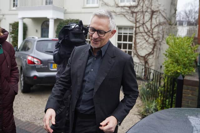 Match Of The Day host Gary Lineker outside his home in London following reports that the BBC is to have a "frank conversation" with the ex-England striker after Home Secretary Suella Braverman branded as "irresponsible" the TV presenter's comments. PIC: James Manning/PA Wire