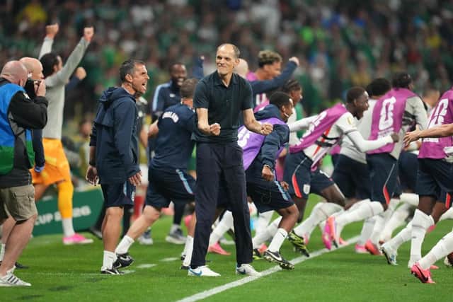 MAGIC MOMENT: England head coach Thomas Tuchel celebrates at the full-time whistle in Mexico. Picture: Nick Potts/PA.