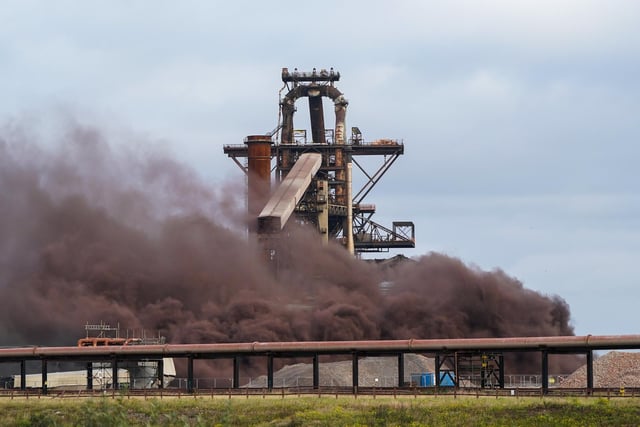 An explosive demolition brings down the Pulverised Coal Injection (PCI) plant at the Teesworks site