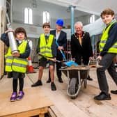 Youngsters from Settrington All Saint's Primary School Lily Allen, 8, Digby Crockett, 10, and Harry Allen, 10, with Paul Emberley, Trustee & Project Development Lead for the Wesley Centre and Mayor of Malton Cllr Ian Conlan. Picture By Yorkshire Post Photographer,  James Hardisty.
