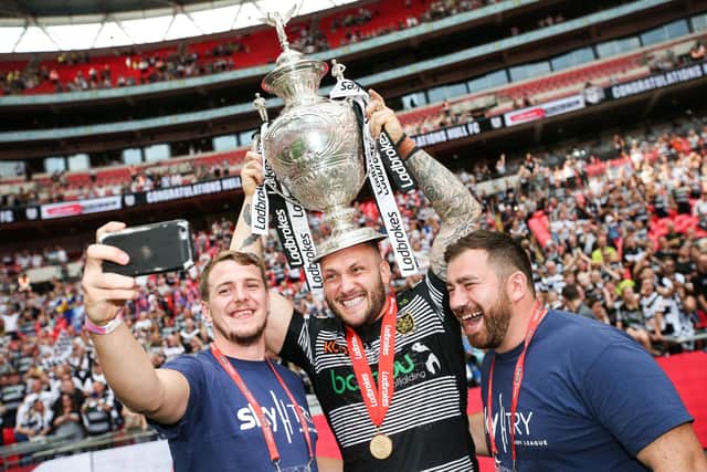 Josh Griffin with the Challenge Cup trophy in 2017. (Photo: Charles Forgham-Bailey/SWpix.com)