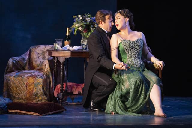 Alison Langer as Violetta and Nico Darmanin as Alfredo in Opera North's production of La Traviata.