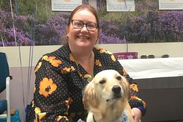 Josie and her owner Becky celebrating the 75th anniversary of the NHS. Photo provided by Tees, Esk and Wear Valleys NHS Foundation Trust.
