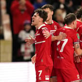 Middlesbrough's Hayden Hackney (left) celebrates scoring their side's first goal of the game with team-mates during the Carabao Cup semi final first leg match at the Riverside Stadium, Middlesbrough. Picture: Martin Rickett/PA Wire.