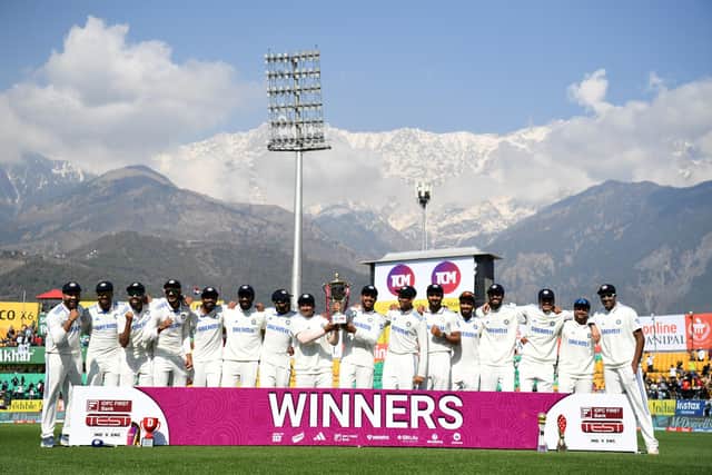 India celebrate with the series trophy. Photo by Gareth Copley/Getty Images.