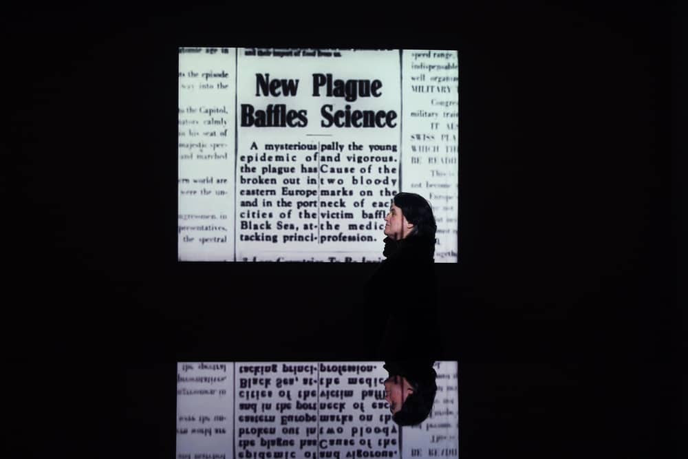 Literary Archivist and co-curator of the exhibition Sarah Prescott in front of  FW Murnau's silent classic Nosferatu (1922)