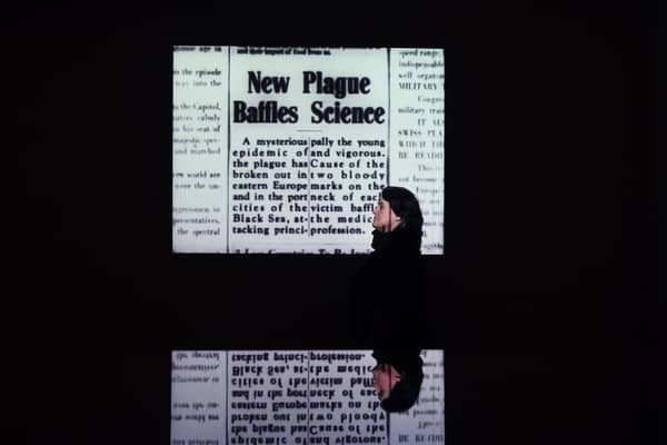 Literary Archivist and co-curator of the exhibition Sarah Prescott in front of FW Murnau's silent classic Nosferatu (1922)