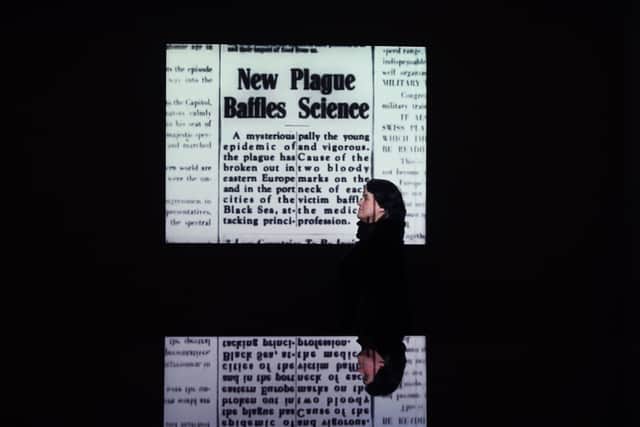 Literary Archivist and co-curator of the exhibition Sarah Prescott in front of FW Murnau's silent classic Nosferatu (1922)
