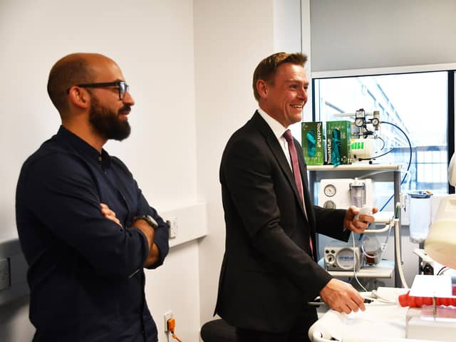 UK Minister for Health and Secondary Care, Will Quince (right), visits the University of Leeds's Nexus Hub.