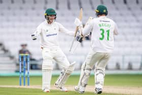 Leicestershire's Peter Handscomb & Chris Wright celebrate their stunning victory against Yorkshire in the opening week of the 2023 season. (Picture: Allan McKenzie/SWpix.com)
