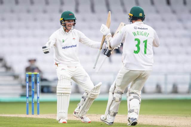 Leicestershire's Peter Handscomb & Chris Wright celebrate their stunning victory against Yorkshire in the opening week of the 2023 season. (Picture: Allan McKenzie/SWpix.com)