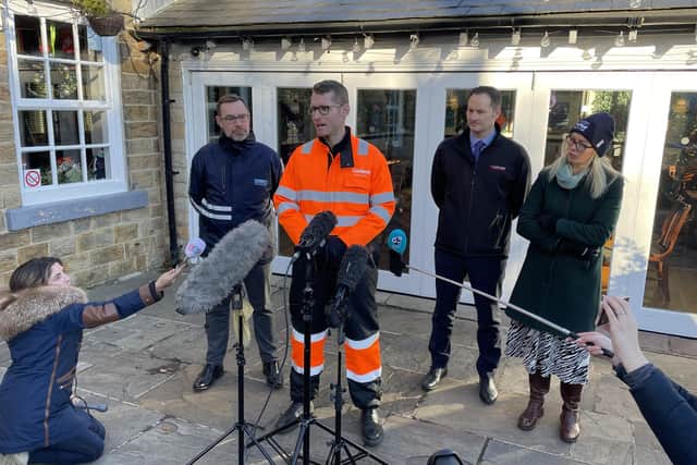 Richard Sansom, East Midlands Network Director, Cadent, speaks to the media during a press conference outside the Peacock Pub, in Stannington, Sheffield