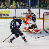 KILLER BLOW: Cam Critchlow strikes what proved to be the game-winning goal in Altrincham on Wednesday night as Sheffield Steelers fell 3-1 to hosts Manchester Storm. Picture courtesy of Mark Ferriss/EIHL