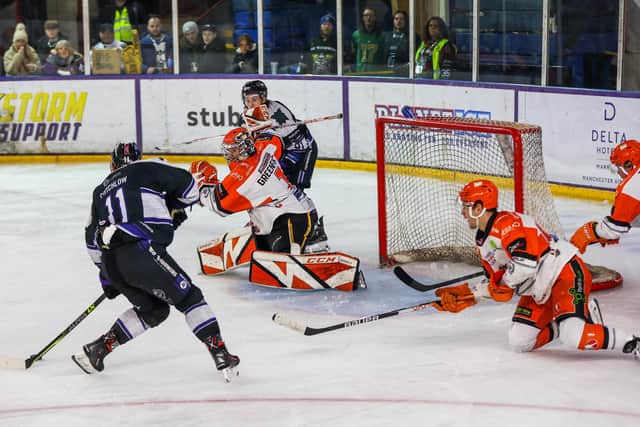 KILLER BLOW: Cam Critchlow strikes what proved to be the game-winning goal in Altrincham on Wednesday night as Sheffield Steelers fell 3-1 to hosts Manchester Storm. Picture courtesy of Mark Ferriss/EIHL
