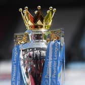 LONDON, ENGLAND - AUGUST 07: Detail view of the Premier League Trophy prior to the Premier League match between West Ham United and Manchester City at London Stadium on August 07, 2022 in London, England. (Photo by Mike Hewitt/Getty Images)