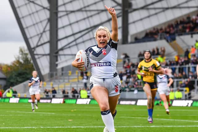 my Hardcastle of England celebrates breaking through to score her side's fifth try against Brazil (Picture: Will Palmer/SWpix.com)