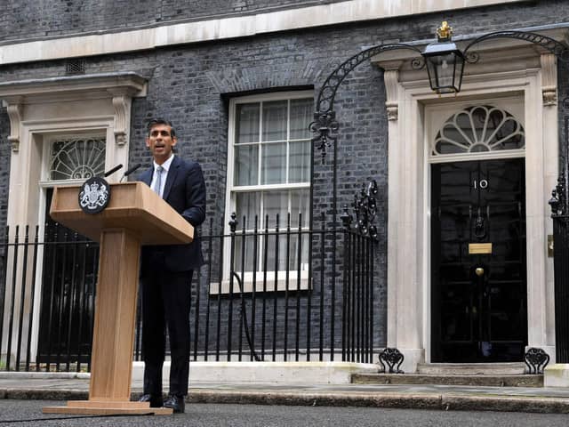 Rishi Sunak delivers a speech outside 10 Downing Street in central London, on October 25, 2022 after being appointed as Britain's third prime minister within a year. Photo by DANIEL LEAL/AFP via Getty Images.