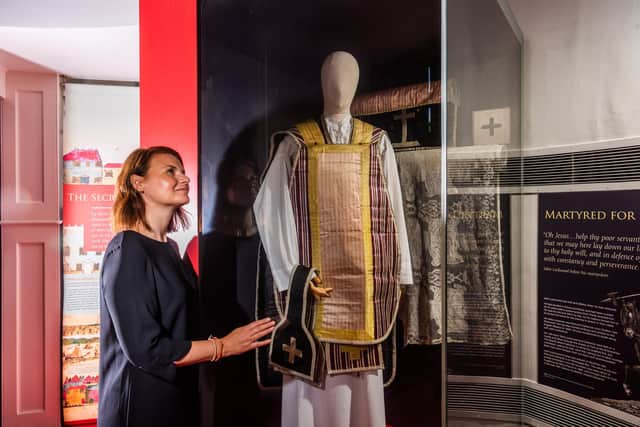 Lauren Mableson, Marketing Manager, for The Bar Convent, York, looking at the Pedlar vestments, Late 16th-early 17th Century, one of the artifacts on display as apart of the exhibition. Picture By Yorkshire Post Photographer,  James Hardisty.