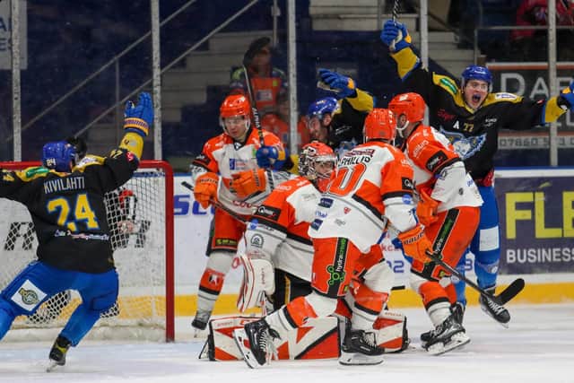 DECISIVE: Brayden Sherbinin (far right) celebrates scoring the winning goal for hosts Fife Flyers in the first leg of their Challenge Cup semi-final against Sheffield Steelers Picture: Fife Flyers Images/EIHL