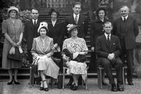 This picture, taken by a Yorkshire Post staff photographer shows the Queen (Princess Elizabeth as she then was) on her visit to Harewood House in 1949.  Left to right, front row, are The Queen, Princess Royal and the Duke of Edinburgh.  Left to right, back row:  Miss Gwynedd Lloyd (Lady-in-Waiting to the Princess Royal), Mr. John Colville (Private Secretary to Princess Elizabeth), The Countess of Scarborough, the Earl of Harewood, the Hon. Mrs. Andrew Elphinstone (Lady-in-Waiting to Princess Elizabeth) and the Earl of Scarborough (Lord Lieutenant of the West Riding and York).