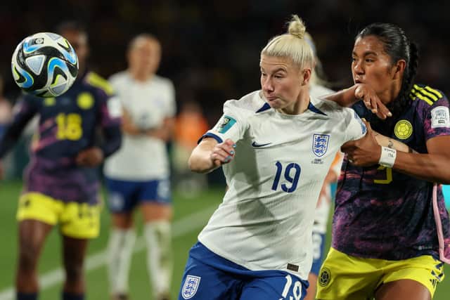 Barnsley-born Bethany England, playing against Colombia, also came through the Belles ranks (Picture: STEVE CHRISTO/AFP via Getty Images)