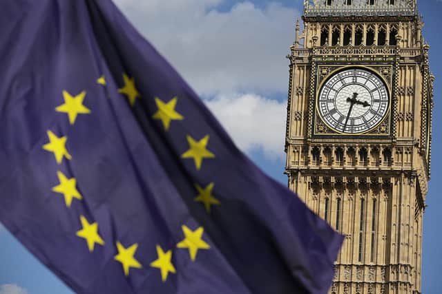 A European Union flag in front of Big Ben, as Remain supporters demonstrate in Parliament Square, London, to show their support for the EU in the wake of Brexit. PIC: PA