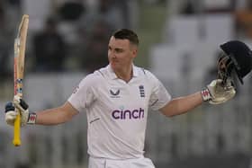 TON UP: Yorkshire's Harry Brook celebrates after scoring his first Test century for England on day one of the first Test match against Pakistan in Rawalpindi Picture: AP Photo/Anjum Naveed.