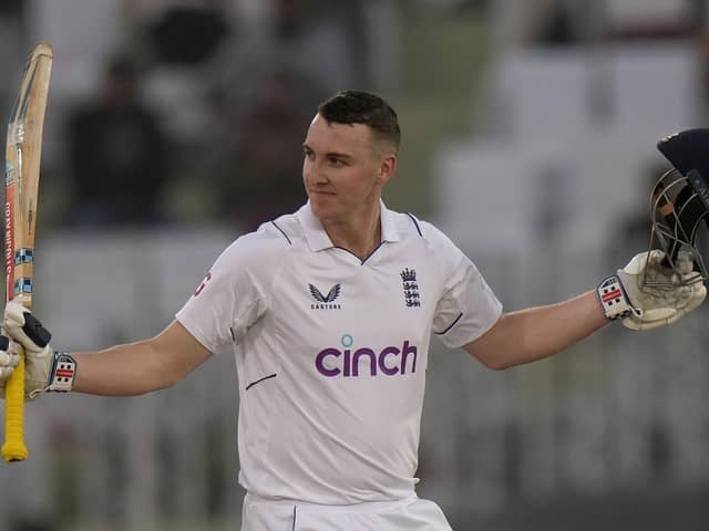 TON UP: Yorkshire's Harry Brook celebrates after scoring his first Test century for England on day one of the first Test match against Pakistan in Rawalpindi Picture: AP Photo/Anjum Naveed.