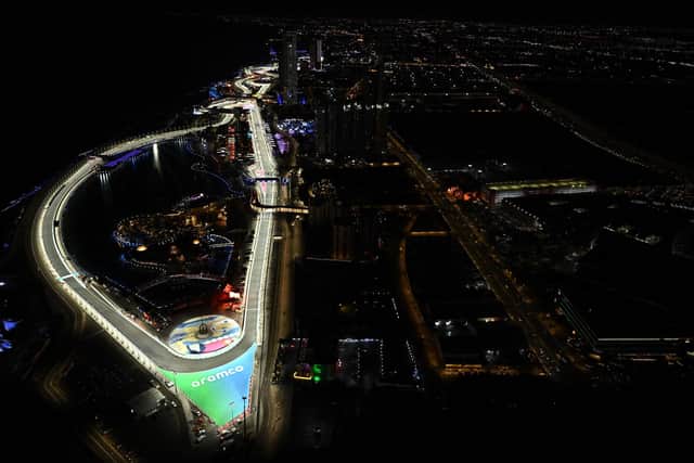 Picture taken from the Shangri-La Jeddah hotel in Jeddah shows a general view of the Jeddah Corniche Circuit during the second practice session ahead of the 2023 Saudi Arabia Formula One Grand Prix. (Picture: BEN STANSALL/AFP via Getty Images)