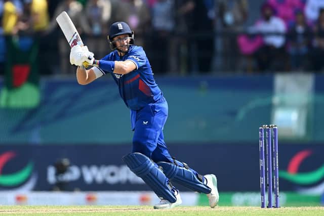 Joe Root of England plays a shot during the ICC Men's Cricket World Cup India 2023 between England and Bangladesh at HPCA Stadium on October 10, 2023 in Dharamsala (Picture: Gareth Copley/Getty Images)