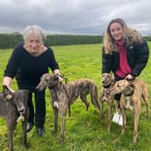 Jackie Ferguson (left) and daughter Eleanor with their star greyhounds!