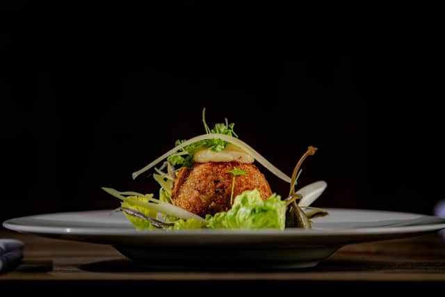 Chicken Caesar Croquette, baby gem, white anchovies, pancetta, parmesan photographed by Tony Johnson