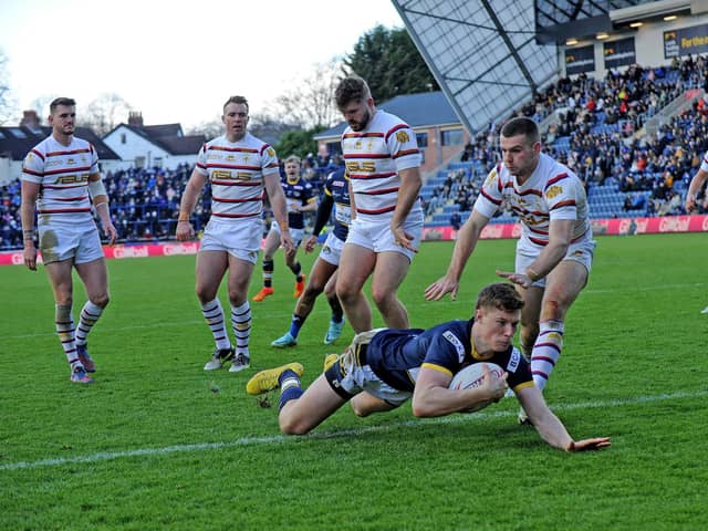 Morgan Gannon scores a try for Leeds Rhinos in the Festive Challenge game with Wakefield Trinity (Picture: Steve Riding)
