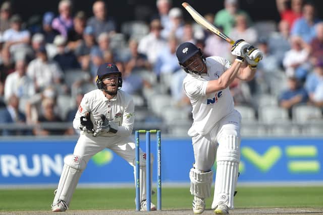Tom Kohler-Cadmore on his way to the top score of 51 in the Yorkshire first innings. Photo by Nathan Stirk/Getty Images.