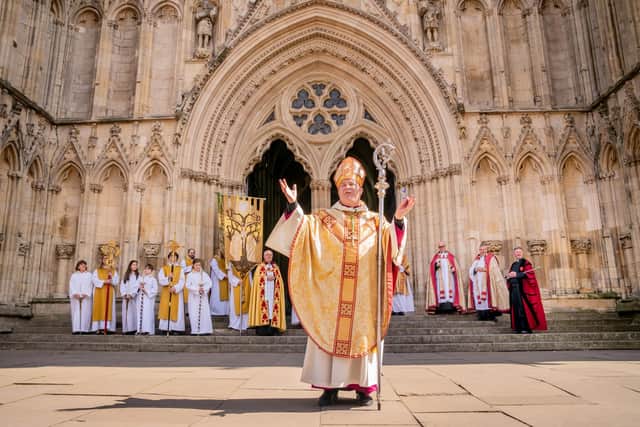 The Archbishop of York Stephen Cottrell leads the congregation out from the west doors of York Minster into Duncombe Place, following the service of Festal Eucharist, last year. PIC: PA