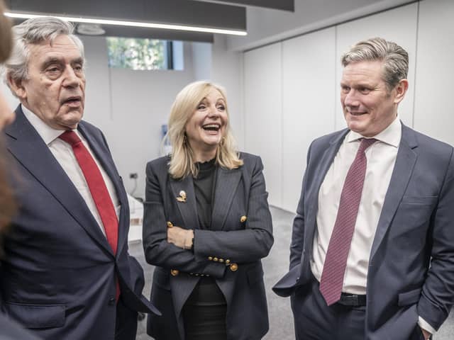 Labour leader Sir Keir Starmer (right), former Prime Minister Gordon Brown (left) and Mayor of West Yorkshire, Tracy Brabin, at Nexus, University of Leeds, in Yorkshire, to launch a report on constitutional change and political reform.