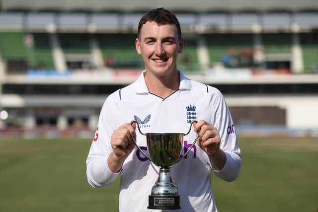 Harry Brook pictured with his player of the match award. The Yorkshire batsman helped to set up England's win with 108 in the second innings of the Multan Test. Photo by Matthew Lewis/Getty Images.
