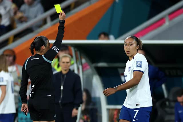 SEEING RED: England's Lauren James (right) is shown a yellow card by referee Melissa Borjas, before being shown a red card via a VAR review for violent conduct at Brisbane StadiumPicture: Isabel Infantes/PA