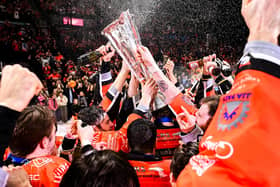 CHAMPIONS: Sheffield Steelers' players celebrate their 2023-24 Elite League championship success. Picture: Dean Woolley.