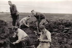 Excavating at Levisham Moor in jackets, ties and cravats in 1960.