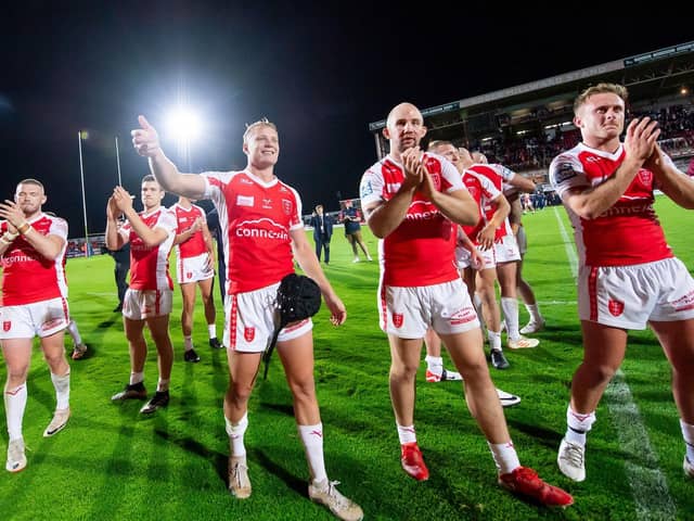 Hull KR thank their fans after last week's victory over Leigh. (Photo: Allan McKenzie/SWpix.com)