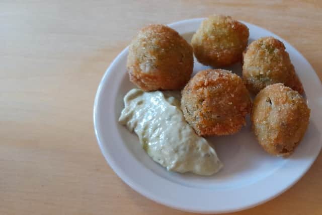 Deep friend Gordal Olives stuffed with house sausage with tarragon aioli