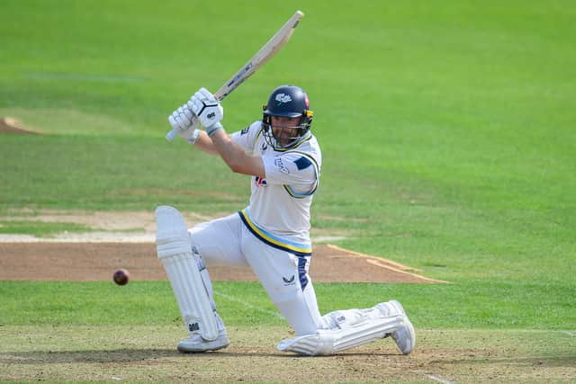 ON THE UP: Yorkshire's Adam Lyth drives through the covers on his way to top-scoring with 62 on day one of the County Championship clash against Essex at Headingley. Picture by Allan McKenzie/SWpix.com