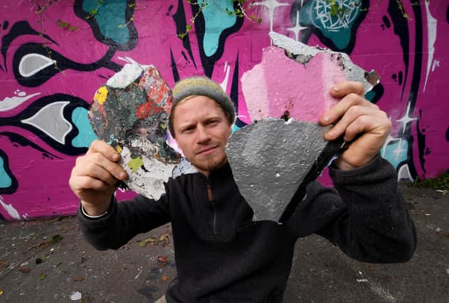 Daniel Dowson who makes jewelry and other art pieces by reusing pieces of graffiti that are crumbling away from walls. Pictured at Mount Pleasant Park Sheffield..Picture taken by Yorkshire Post Photographer Simon Hulme 27th September 2023



